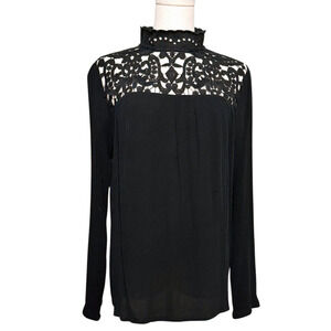 Who What Wear Black High Neck Eyelet Lace Long Sleeve Gauze Blouse Medium Boho